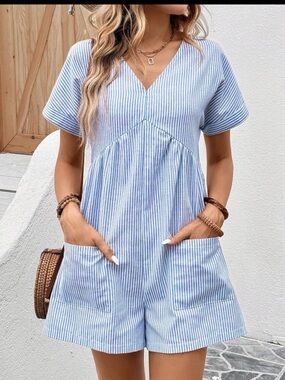 Light Blue Striped V-Neck Romper with Pockets